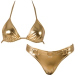 Panos Emporio Hecate 08 Bikini. Hyvännäköinen, kullanvärinen uimapuku, toppaamaton, kolmiomuotoilu ja matalasti leikatut housut, joissa kivikori...